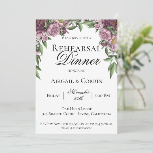 Mauve Bloemen repetitie diner uitnodiging (Staand voorkant)