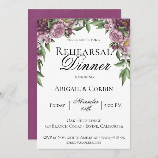 Mauve Bloemen repetitie diner uitnodiging (Voorkant / Achterkant)