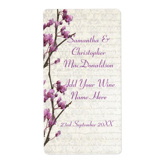 mauve bloemenbloesem bruiloft wijnfles etiket (Voorkant)