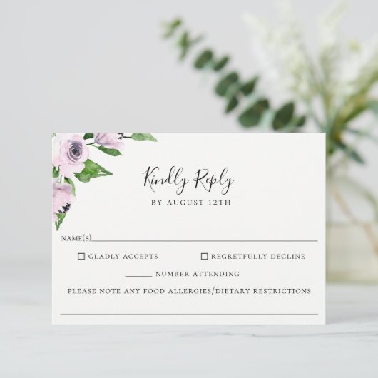 Mauve Bloemenbruiloft Voedsel Allergie RSVP-kaart RSVP Kaartje (Staand voorkant)