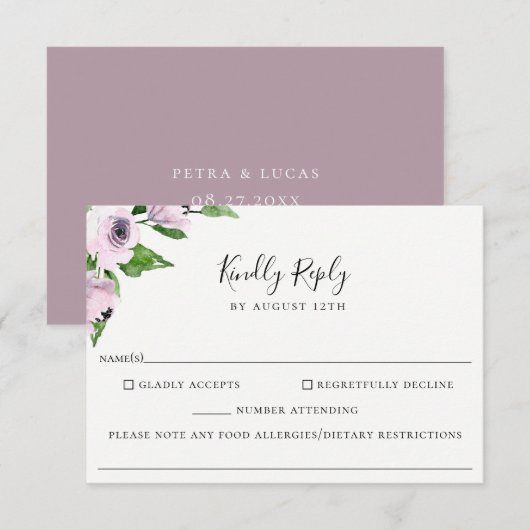 Mauve Bloemenbruiloft Voedsel Allergie RSVP-kaart RSVP Kaartje (Voorkant / Achterkant)