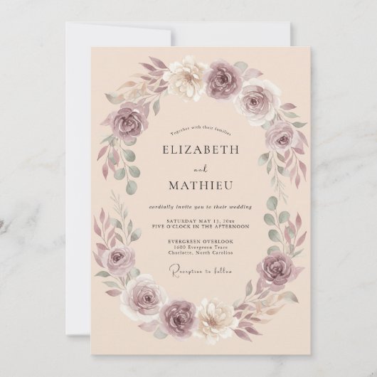 Mauve Bloemenkrans Bruiloft Kaart (Voorkant)