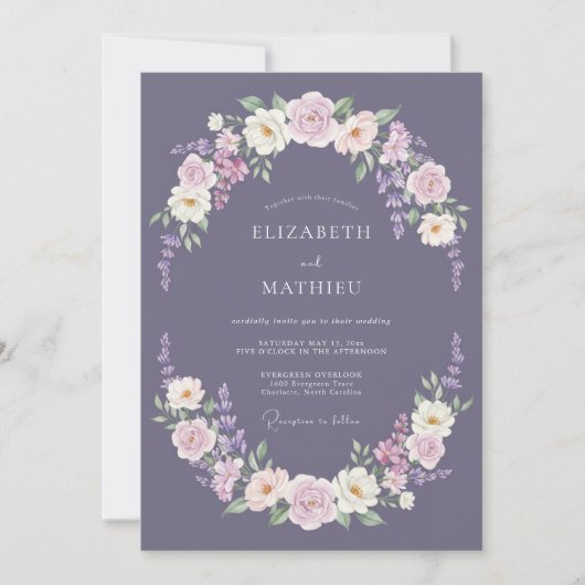 Mauve Bloemenslingers Bruiloft Kaart (Voorkant)