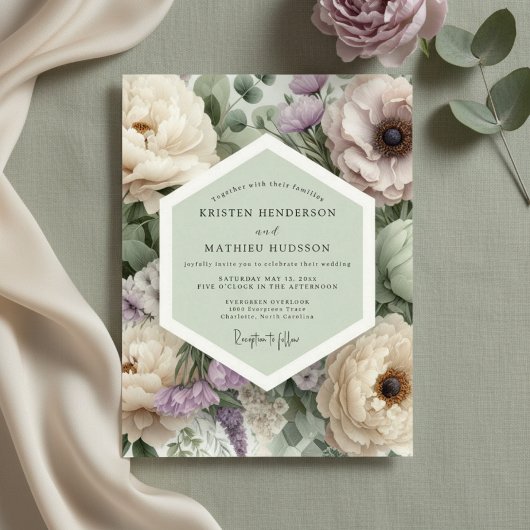 Mauve Bloemige Botanische Romantische Bruiloft Kaart
