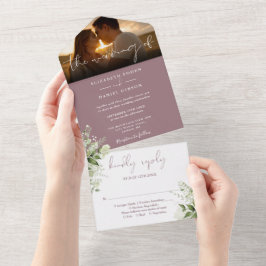 Mauve Bloemige Groene Huwelijksfoto All In One Uitnodiging