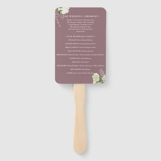 Mauve Bloemige Groene Huwelijksprogramma Handwaaier (Achterkant)