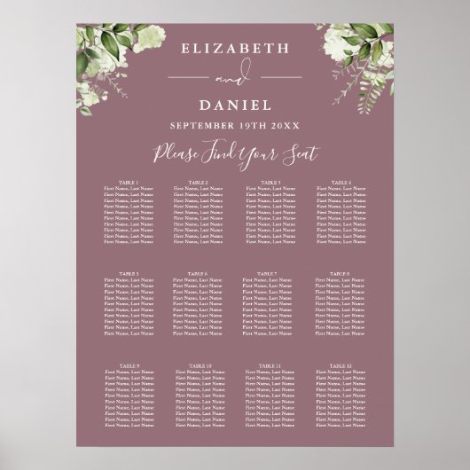 Mauve Bloemige Groene Huwelijksstoelindeling Poster (Voorkant)
