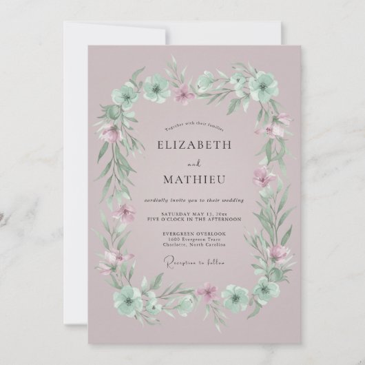 Mauve Bloemige Laurier Bruiloft Kaart (Voorkant)