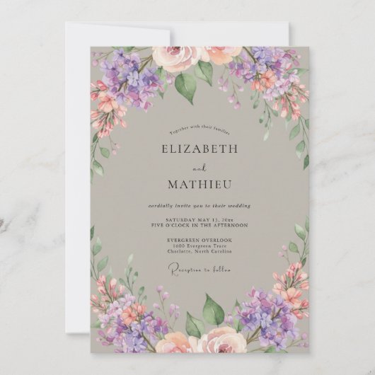 Mauve Bloemige Romantische Whimsy Bruiloft Kaart (Voorkant)