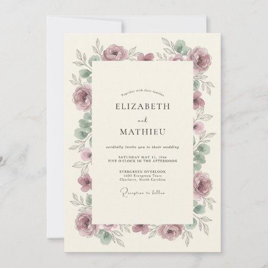 Mauve Bloemrijke Bruiloft Kaart (Voorkant)