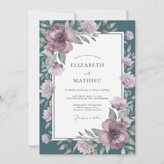 Mauve Bloemstuk Bruiloft Kaart (Voorkant)