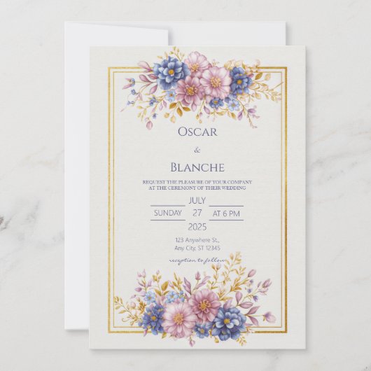 Mauve Blue Botanical Gold Frame Wedding Kaart (Voorkant)