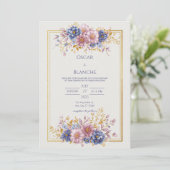 Mauve Blue Botanical Gold Frame Wedding Kaart (Staand voorkant)