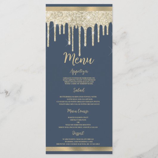 Mauve blue gold glitter drips luxury Wedding Menu (Voorkant)