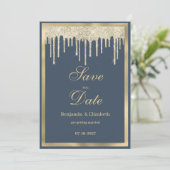 Mauve blue gold glitter drips Save the Date Kaart (Staand voorkant)