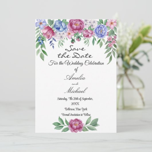 Mauve Blue Peonies Floral Save The Date (Staand voorkant)