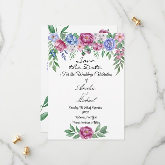 Mauve Blue Peonies Floral Save The Date (Voorkant / Achterkant in situ)