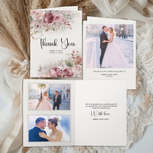 Mauve Blush Floral 3-Photo Wedding Bedankkaart