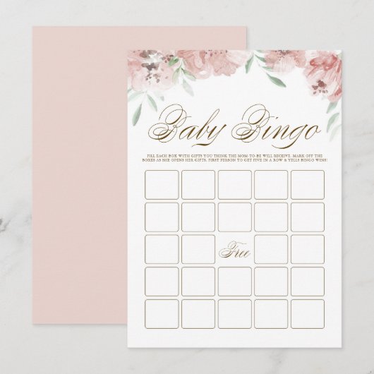 Mauve Blush Pink Flowers Baby shower Bingo Kaart (Voorkant / Achterkant)
