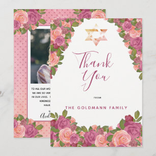 Mauve   Blush roze Waterverf Floral Bat Mitzvah Bedankkaart