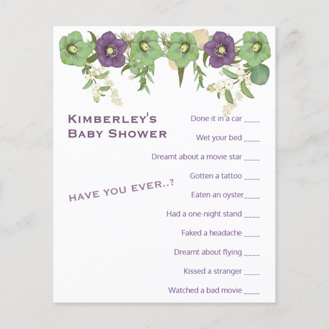 Mauve Boho Floral Wierdest Game Shower Activity (Voorkant)