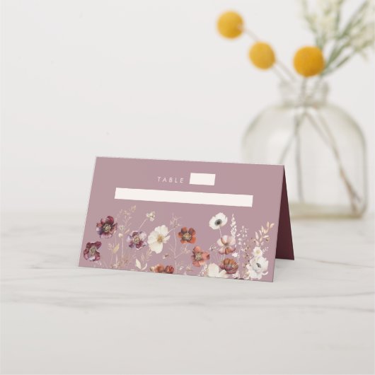Mauve Boho Herfst Wildflower Wedding Plaatskaartje (Voorkant)