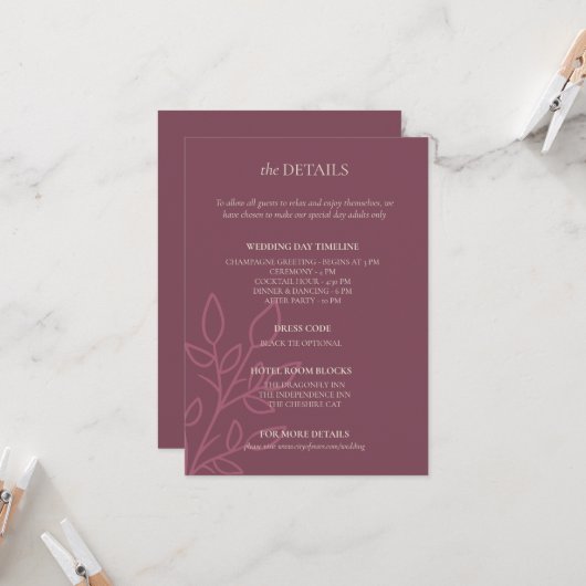 Mauve Boho Minimalist Wedding Details Kaart (Voorkant / Achterkant in situ)