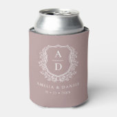 Mauve Botanical Crest Modern Monogram Huwelijk Blikjeskoeler (Blikje Voorkant)