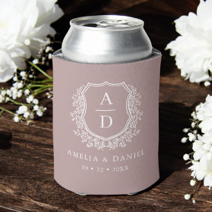 Mauve Botanical Crest Modern Monogram Huwelijk Blikjeskoeler