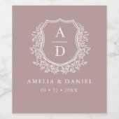 Mauve Botanical Crest Modern Monogram Huwelijk Wijn Etiket (Enkel label)