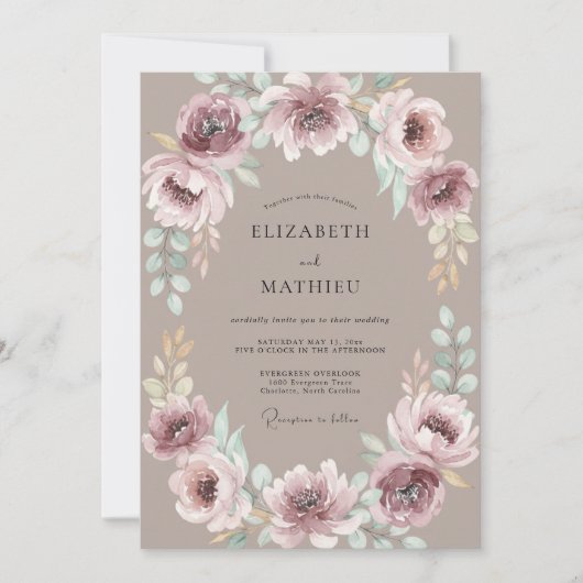Mauve Botanische Bloemrijke Bruiloft Kaart (Voorkant)