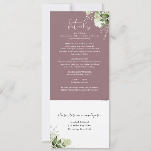 Mauve botanische groen alles in één bruiloft kaart (Achterkant)