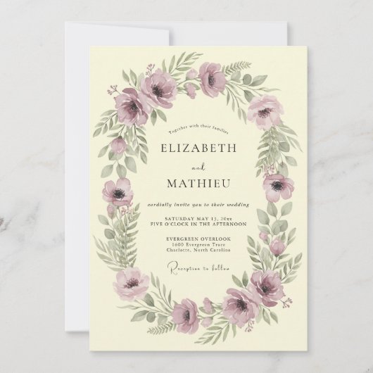 Mauve Botanische Krans Bruiloft Kaart (Voorkant)