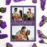 Mauve Budget Foto Collage Bruiloft Dank u Kaart<br><div class="desc">Budget Modern Elegant "Liefde en Bedankt" Script Mauve Bruiloft 3 Fotocollage Dank u Low Budget Betaalbare Goedkope Dunne Kaart. U kunt deze kaart laten afdrukken op cardstock. Met drie (3) foto op de voorkant en één (1) foto op de achterkant. Met de tekst "Liefde en bedankt" in een wervelende hand...</div>