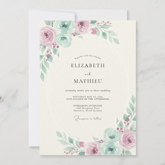 Mauve Celadon Bloemblad Bruiloft Kaart (Voorkant)