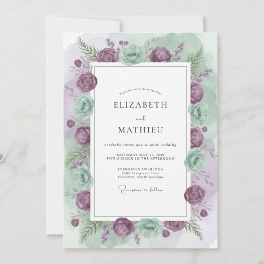 Mauve Celadon Ranunculus Eucalyptus Bruiloft Kaart (Voorkant)