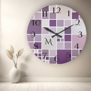 Mauve Checkered Pattern Monogram Wall Clock Ronde Klok