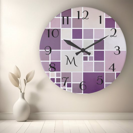 Mauve Checkered Pattern Monogram Wall Clock Ronde Klok