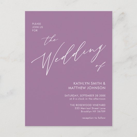 Mauve Code QR allen in Één Moderne Manuscript Wedd Uitnodiging Briefkaart (Voorkant)