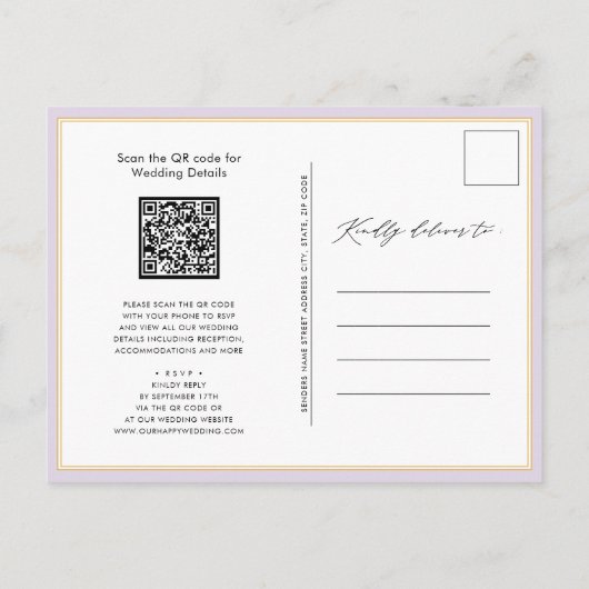 Mauve Code QR allen in Één Moderne Manuscript Wedd Uitnodiging Briefkaart (Achterkant)