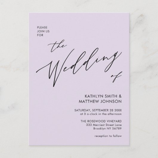 Mauve Code QR allen in Één Moderne Manuscript Wedd Uitnodiging Briefkaart (Voorkant)