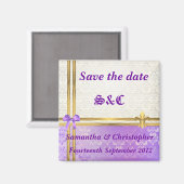Mauve damask and gold lint save the date magneet (Voorkant / Achterkant)