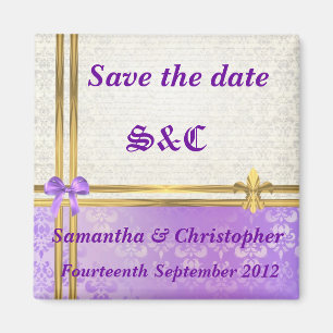 Mauve damask and gold lint save the date magneet