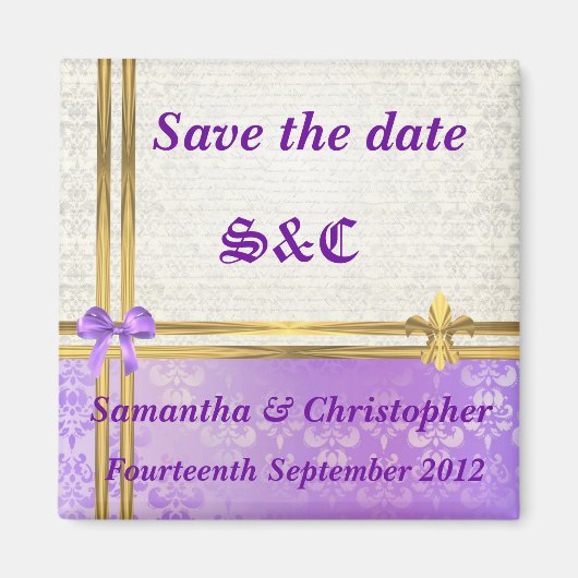 Mauve damask and gold lint save the date magneet (Voorkant)