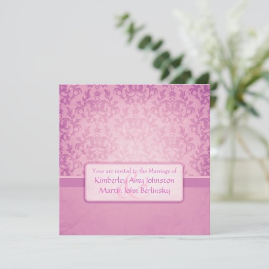 Mauve damask plechtige uitnodiging voor bruiloft (Staand voorkant)