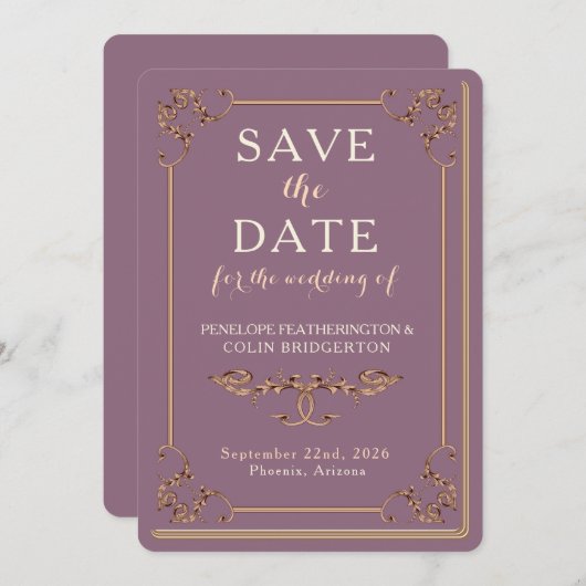 Mauve Decoratieve Grens Bibliotheek Boek Save The Date (Voorkant / Achterkant)