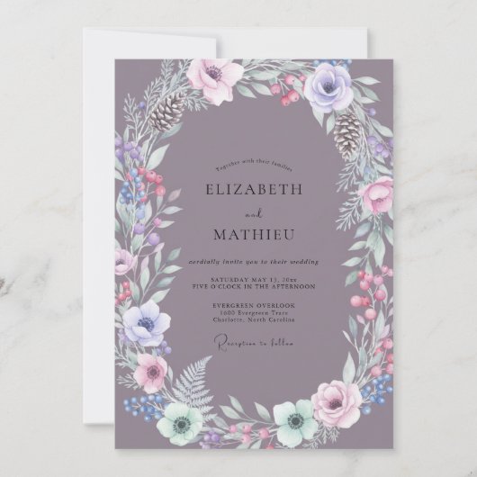 Mauve Dennenkrans Bruiloft Kaart (Voorkant)