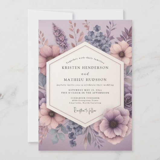 Mauve Dromerige Bloemige Bruiloft Kaart (Voorkant)