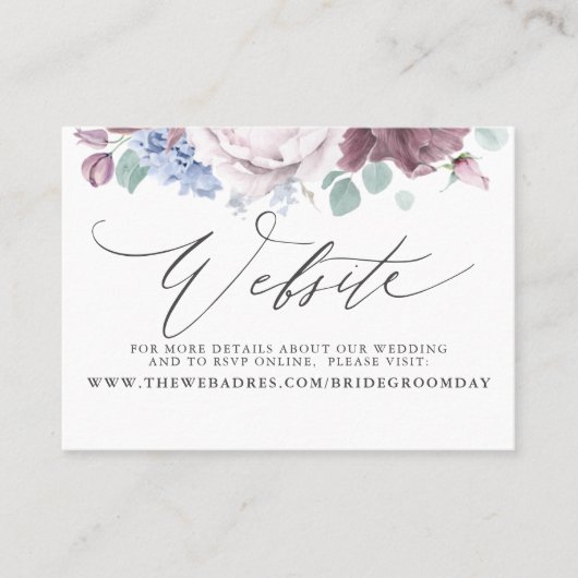 Mauve Dusty Blue Floral Bruiloft Website Kaart Visitekaartje (Voorkant)