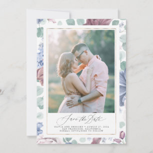 Mauve Dusty Blue Floral Sla de datum fotokaarten o Kaart